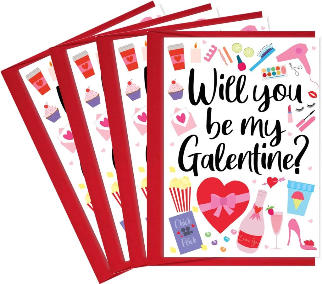 4 Happy Galentines Day Cards for Friends with Red Envelopes